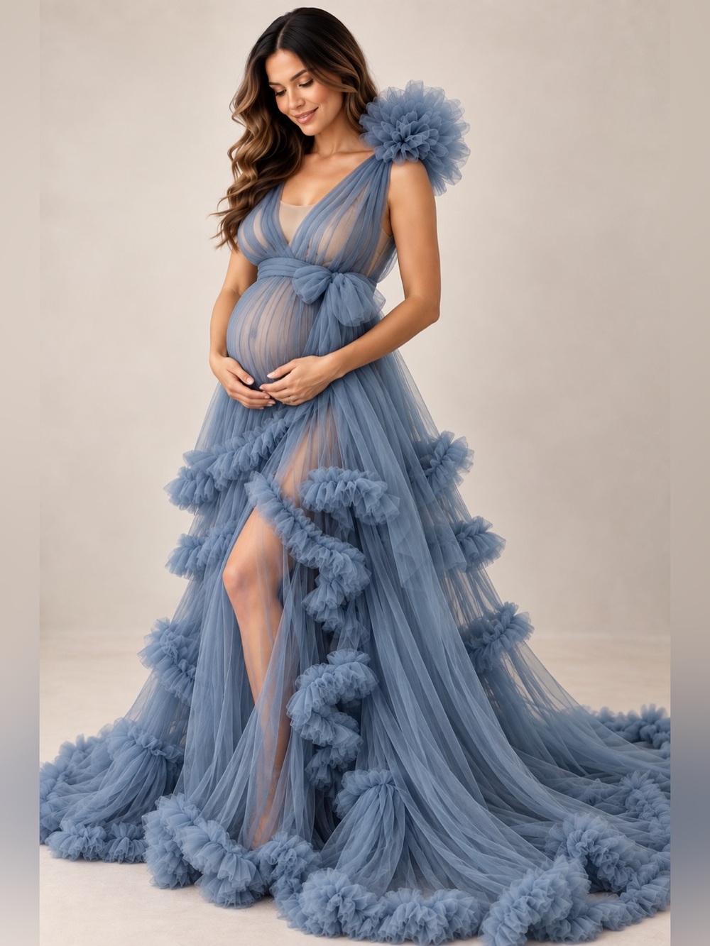 Dusty Blue Sheer Tulle Ruffle Photoshoot Gown Train L-XL